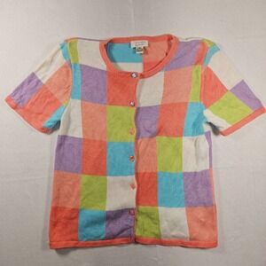Christopher Banks Pastel‎ Checkerboard Short Sleeve Button Up Cardigan Women M
